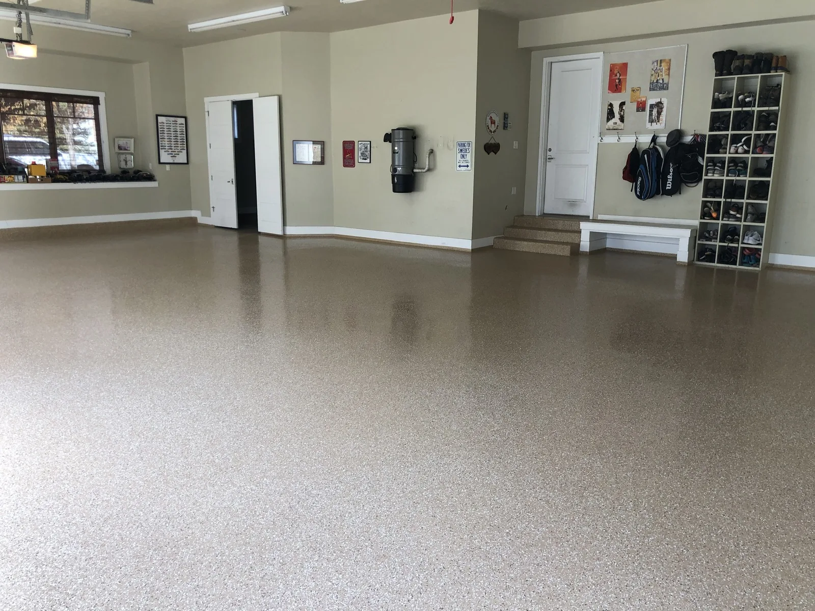 Flake epoxy garage floor coating in a two car garage
