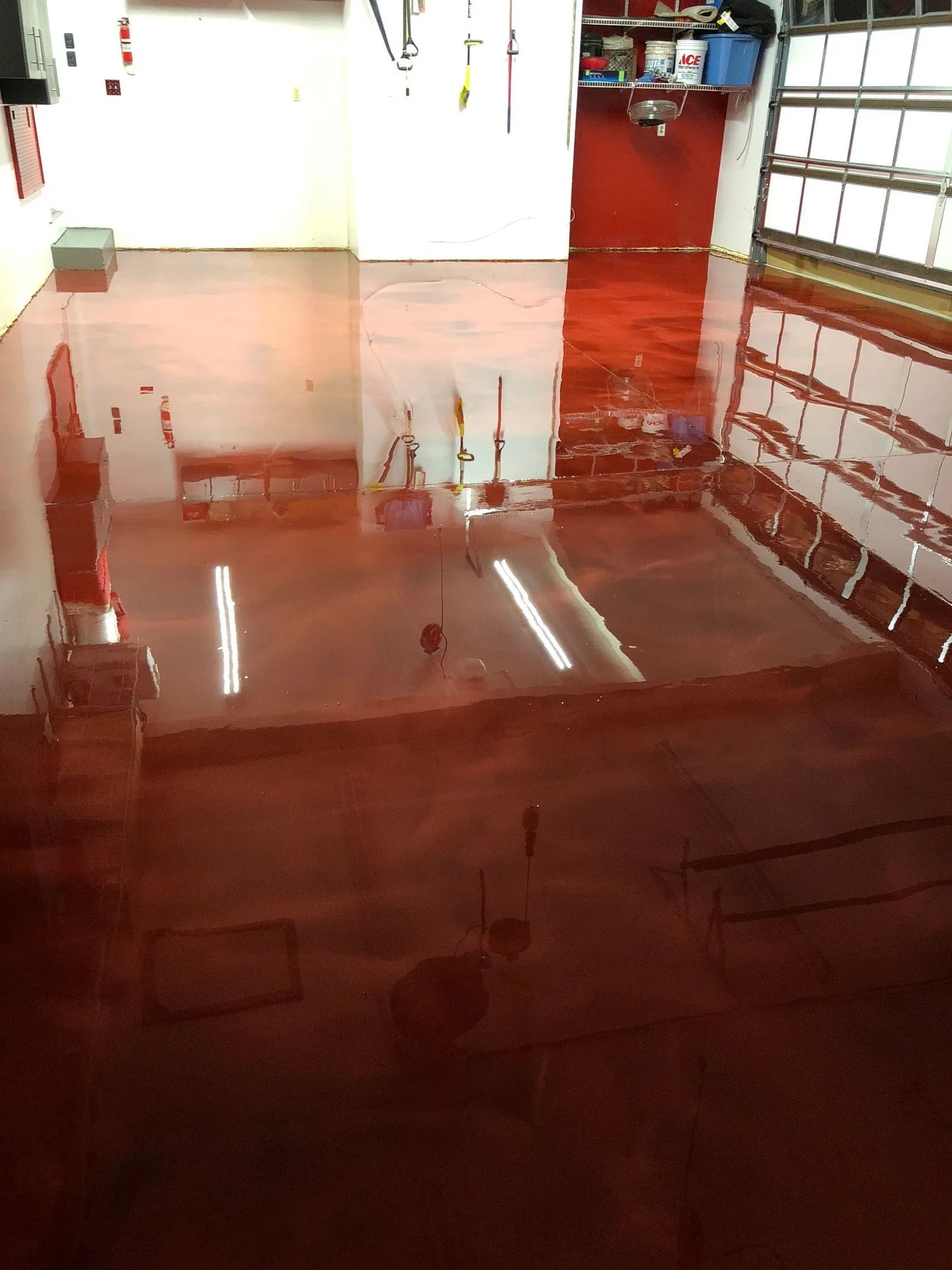 Red metallic epoxy garage floor